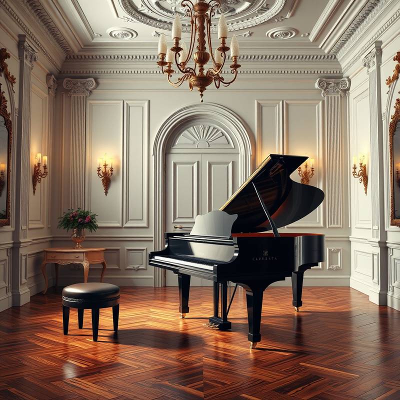 Elegant classic studio with a grand piano and ornate decorations