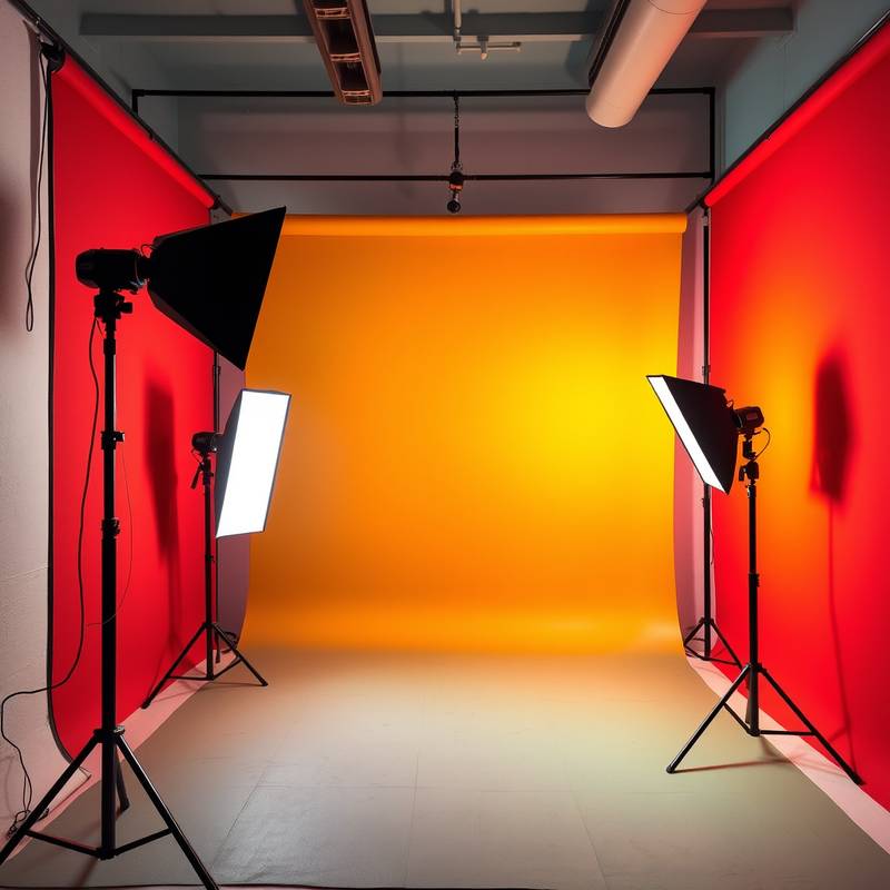 Small gallery studio with various colored backdrops and professional lighting equipment