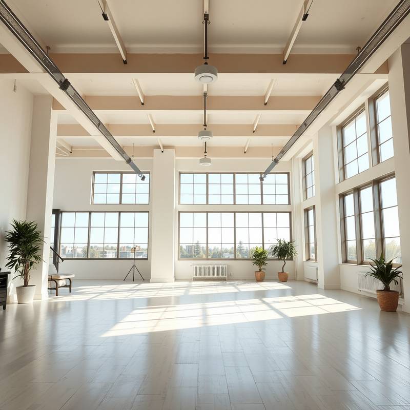 Spacious loft studio with large windows and natural light